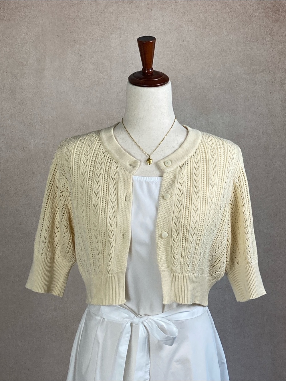 Cream Openwork Knit Cropped Cardigan